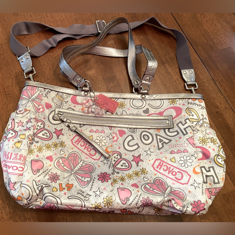Coach Bandana Butterfly Graffiti multifunctional tote bag in pink/grey.